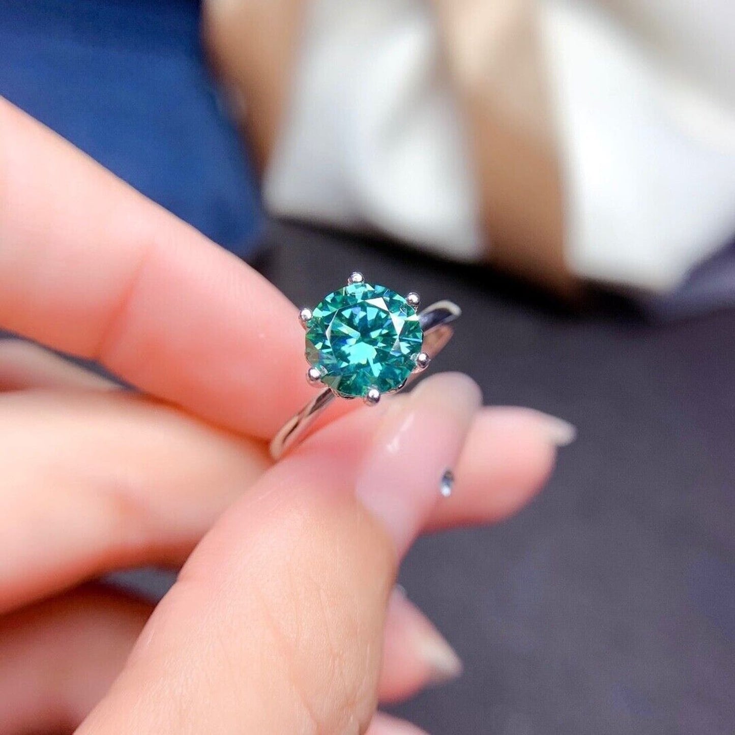 2 Carat Green Moissanite High Setting Cocktail Engagement Ring Sterling Silver