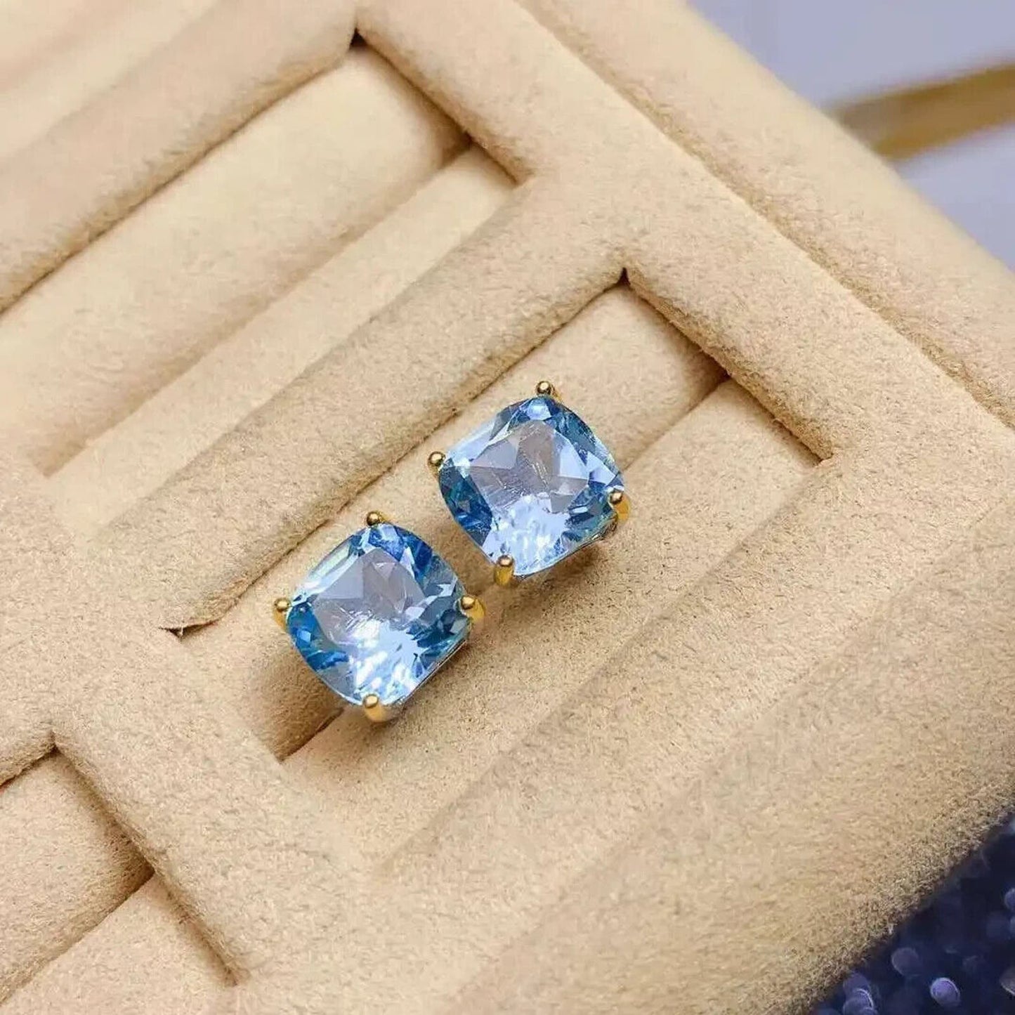 Sky Blue Topaz Cushion Cut Stud Earrings 8mm