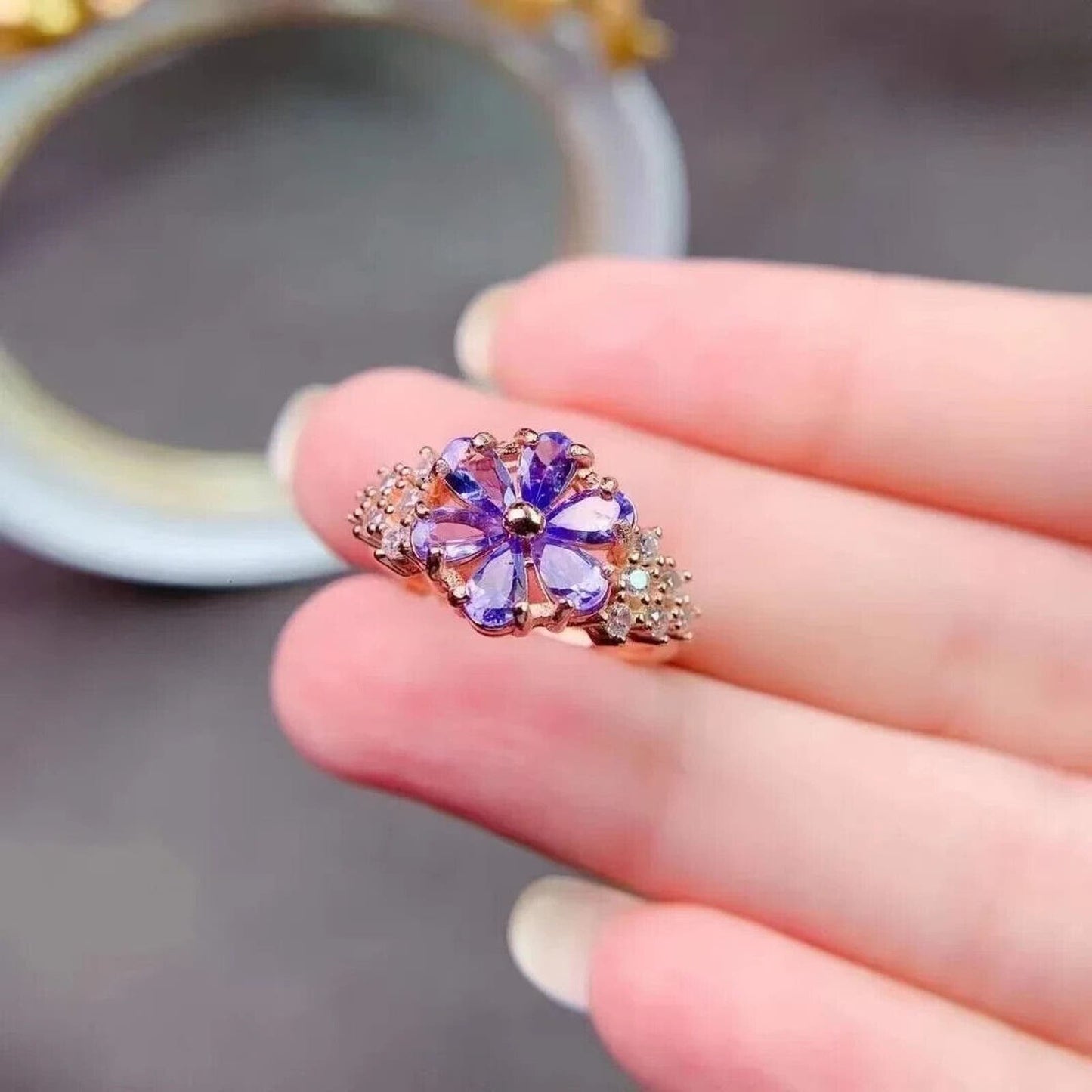 Purple Tanzanite Flower Ring Platinum Plated 3x4mm