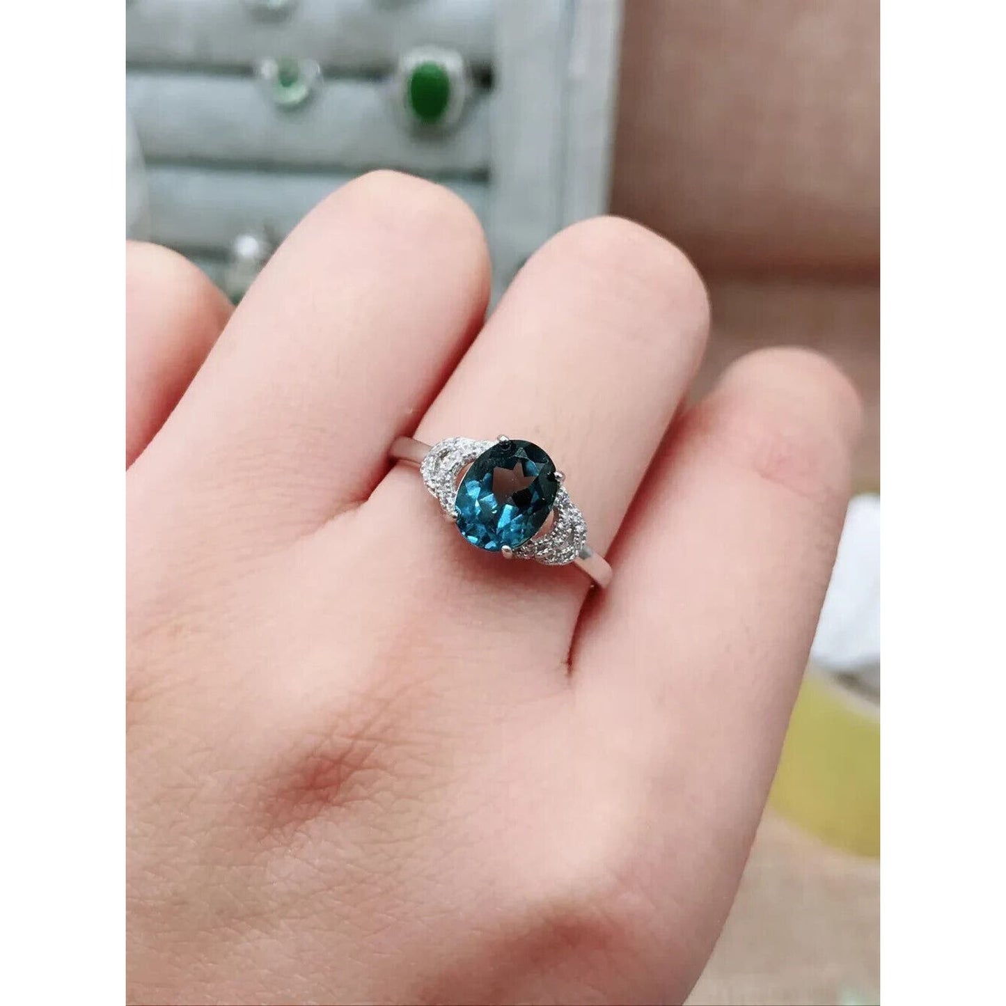 Natural London Blue Topaz Gemstone Ring 7x9mm, London Blue Topaz Rings