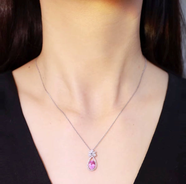 1.13Ct Pear Cut Pink Padparadscha Sapphire & Diamond Pendant Necklace 18K Yellow Gold, Pink Sapphire & Diamond Pendant Necklace 18K White Gold, Pink Sapphire, Pink Sapphire Necklace, Pink Sapphire Pendant Necklace, Sapphire Necklace, Sapphire Pendant Necklace, White Gold Sapphire Pendant, White Gold Sapphire Necklace, Natural Sapphire, Natural Sapphire Pendant, Natural Pink Sapphire, Pink Sapphire, Pink Sapphire & Diamond, Sapphire & Diamond, Sapphire & Diamond Pendant, Natural Diamond and Sapphire