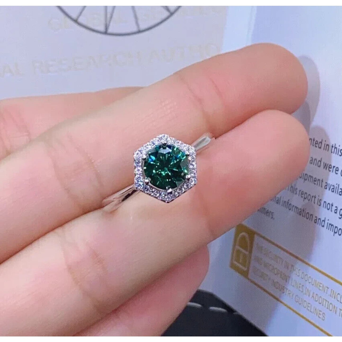 1 Carat VVS1 Round Brilliant Cut Green Moissanite Ring, Green Moissanite Rings