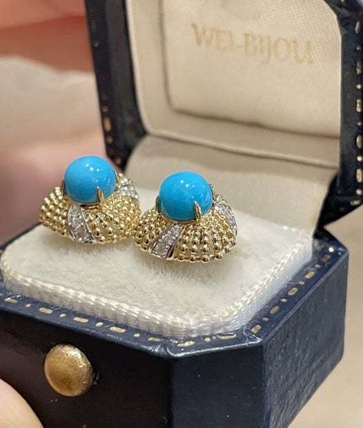 Round Turquoise Stud Earrings Solid 18k Yellow and White Gold