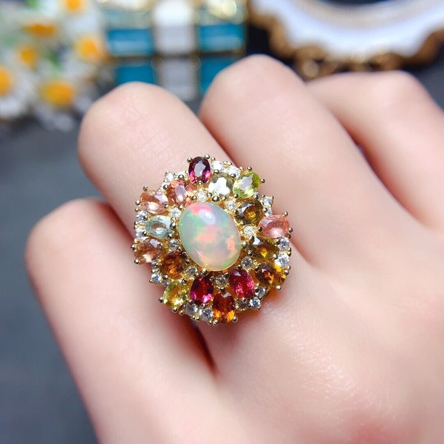 Fire Opal and Multicolor Tourmaline Statement Ring 7x9mm