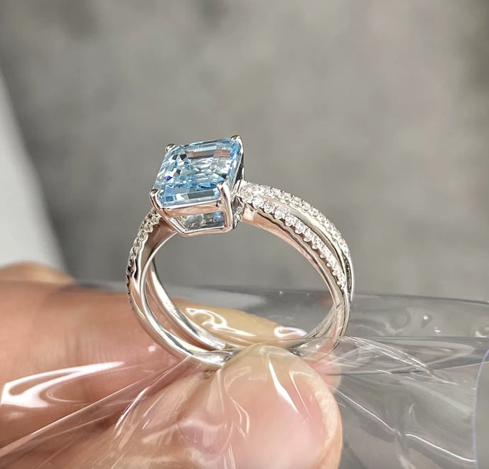 1.74Ct Emerald Cut Aquamarine and Diamond Ring 18k Solid White Gold