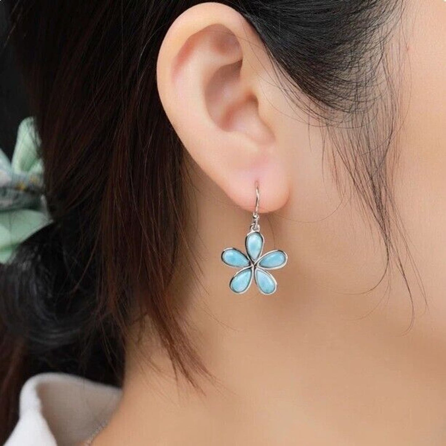 Women's Larimar Flower Earrings, Larimar Flower Dangle Earrings, Natural Larimar
