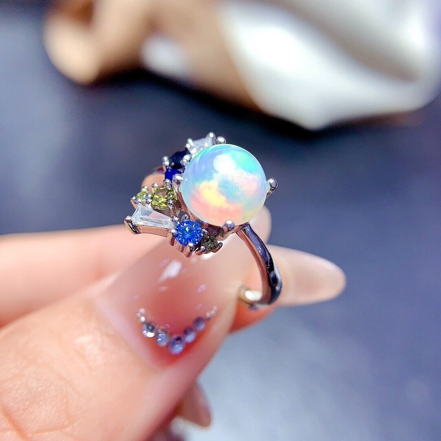 Natural White Opal Cocktail Ring Round 8mm