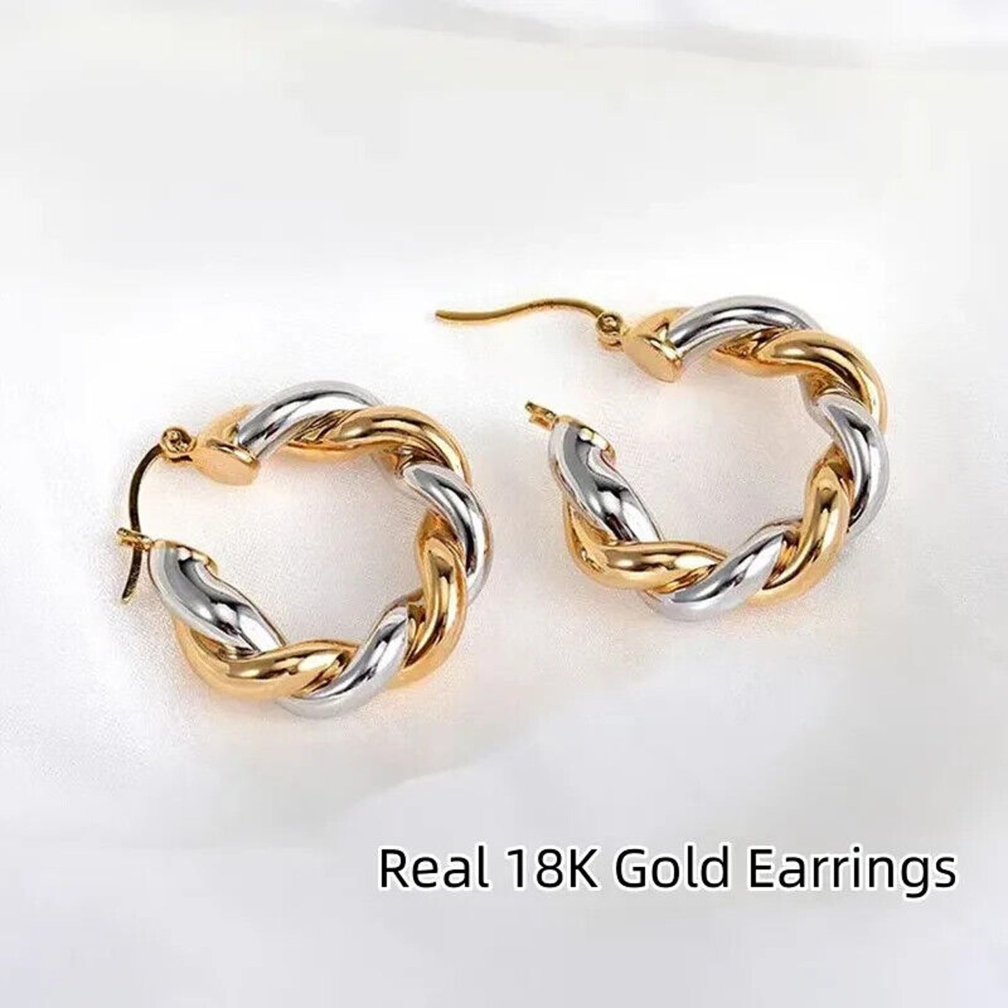 18k Gold Twisted Hoop Earrings, Two Tone 18k Gold Hoop Earrings Au750