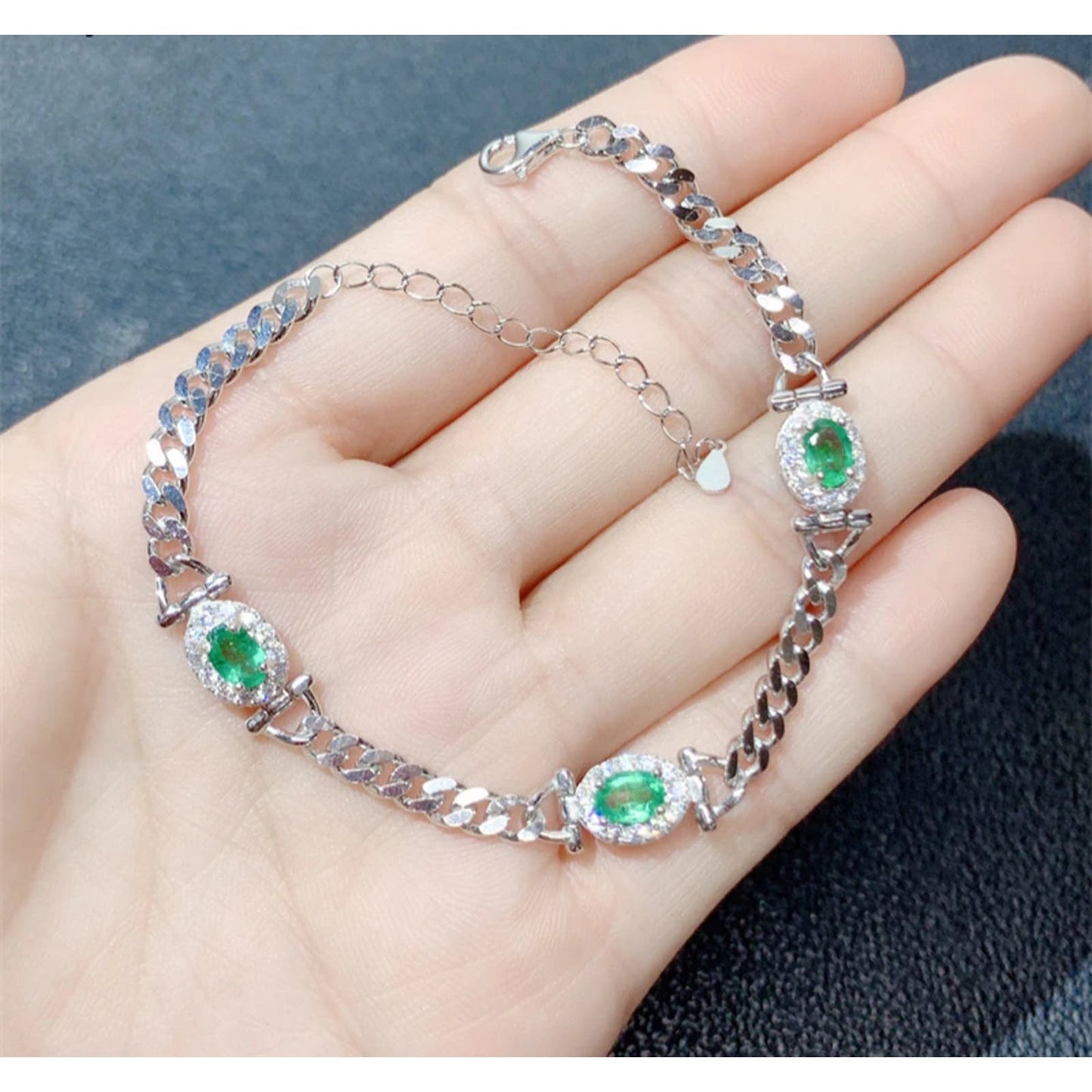 Natural Emerald Cuban Chain Bracelet 4x6mm Sterling Silver