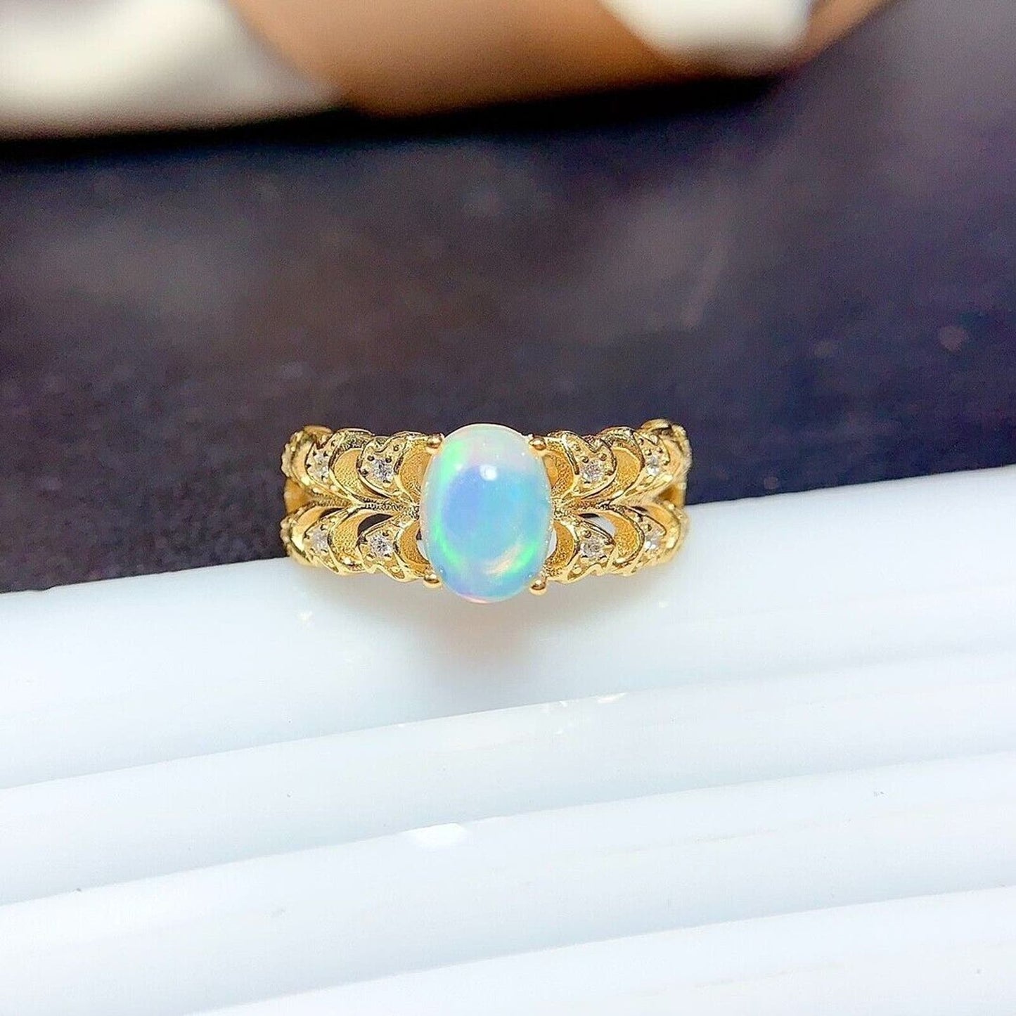 Natural White Opal Cocktail Ring 6x8mm Sterling Silver