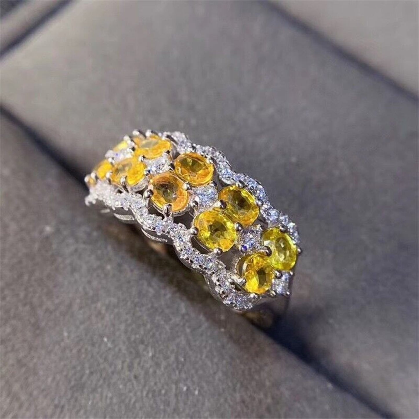 Bright Yellow Citrine Gemstone Double Layer Band Ring 3x4mm