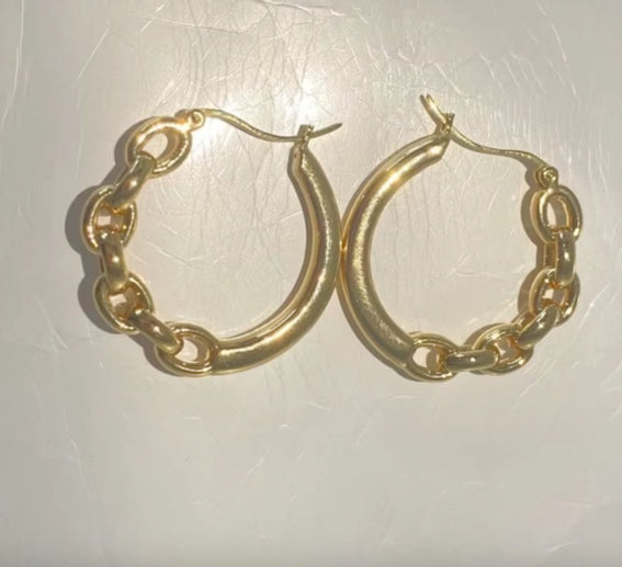 18k Gold Hoop Earrings, 18k Yellow Gold Chain Hoop Earrings, Au750 Hoop Earrings