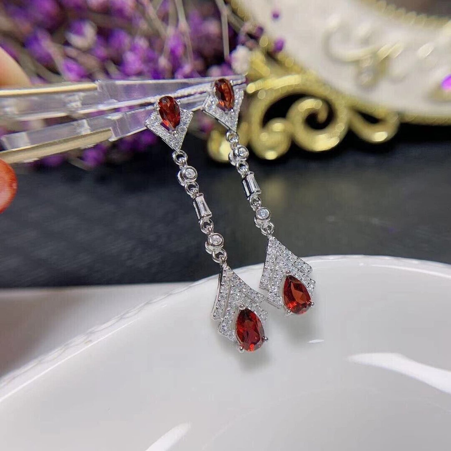 Red Garnet Long Dangle Earrings 4x6mm Platinum Plated