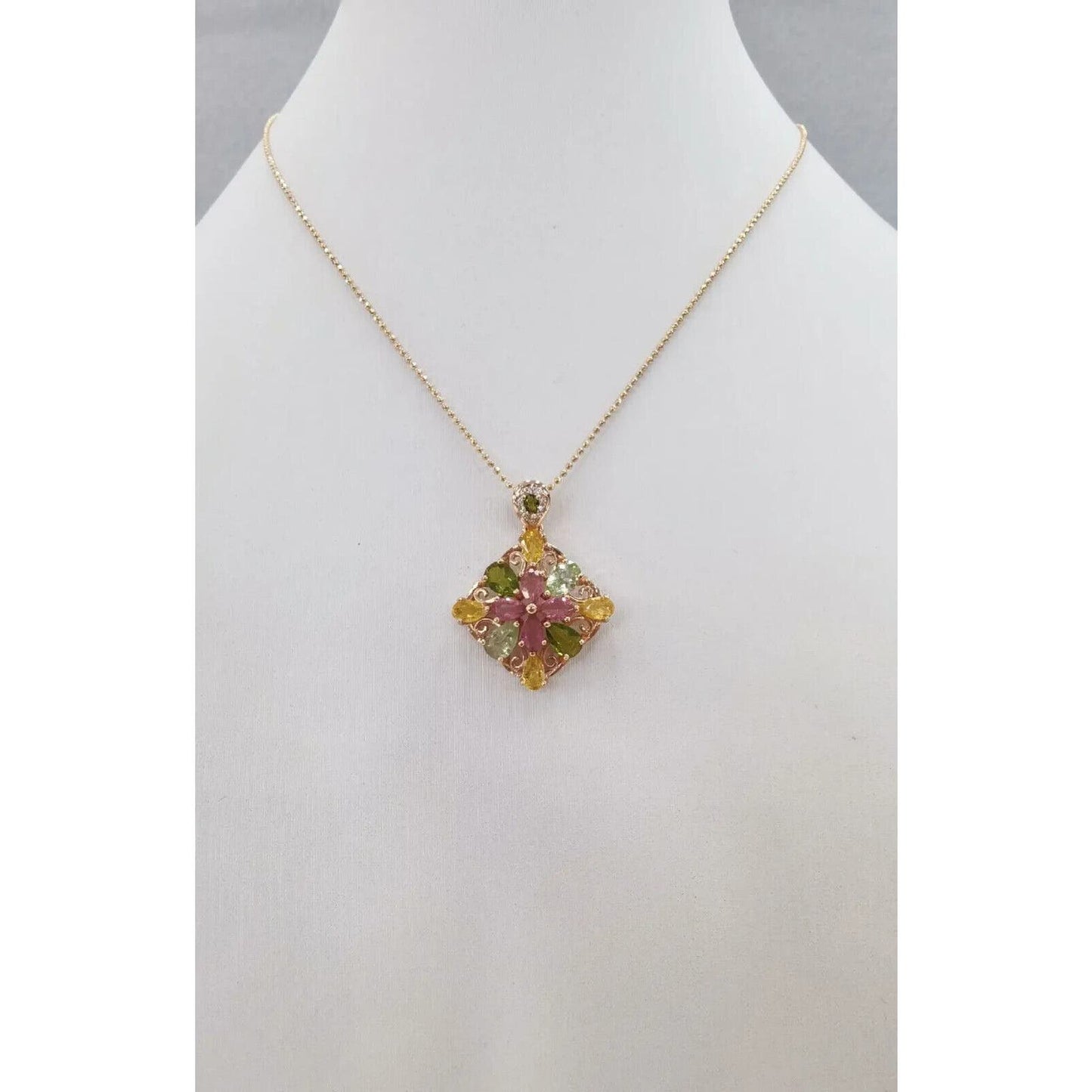 Colorful Tourmaline Flower Pendant Necklace Rose Gold