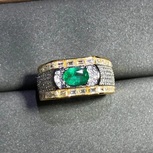 Men's Natural Emerald Ring, Two Tone 4x6mm