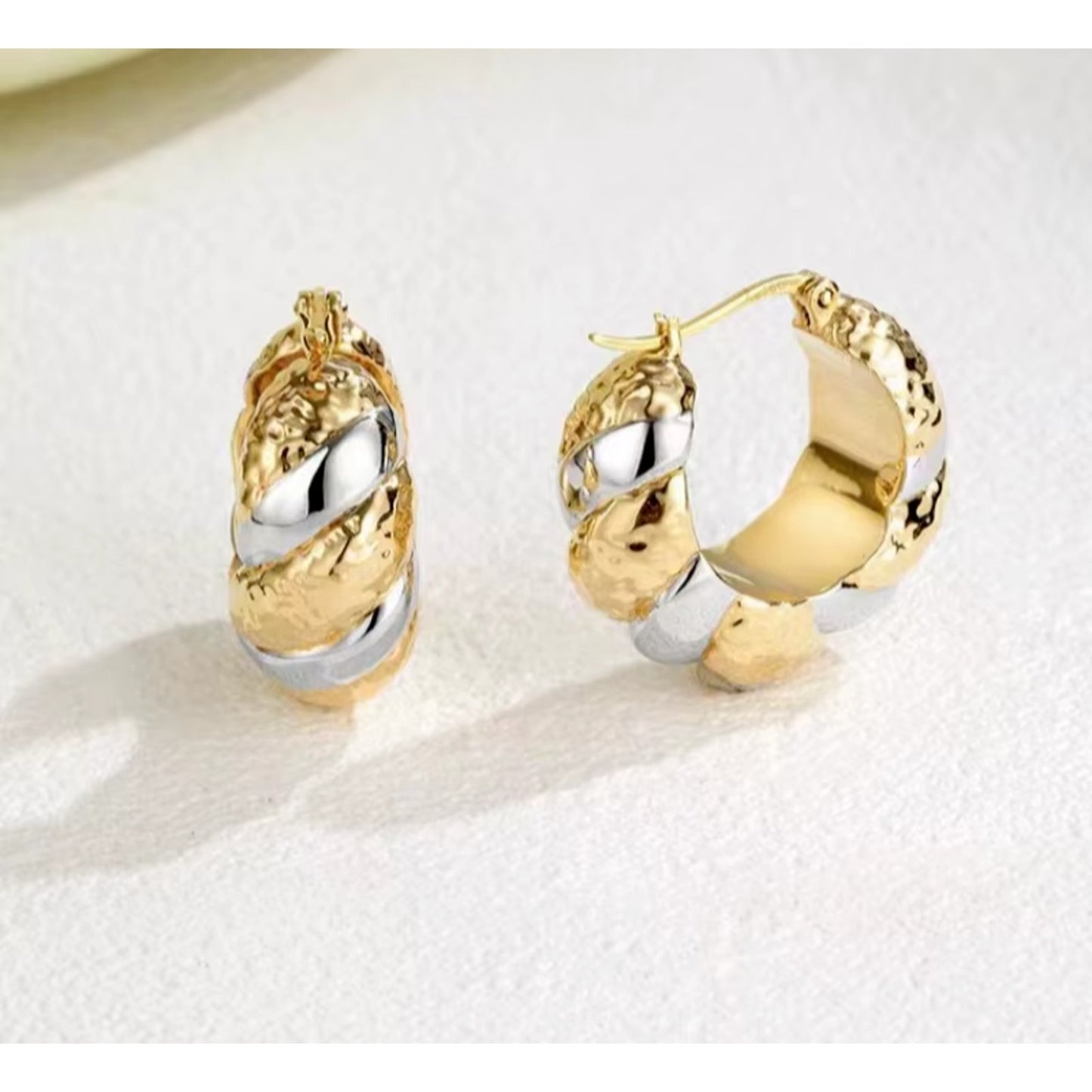 Chunky Yellow and White Gold Hoop Earrings, Solid 18k Gold Hoop Earrings Au750