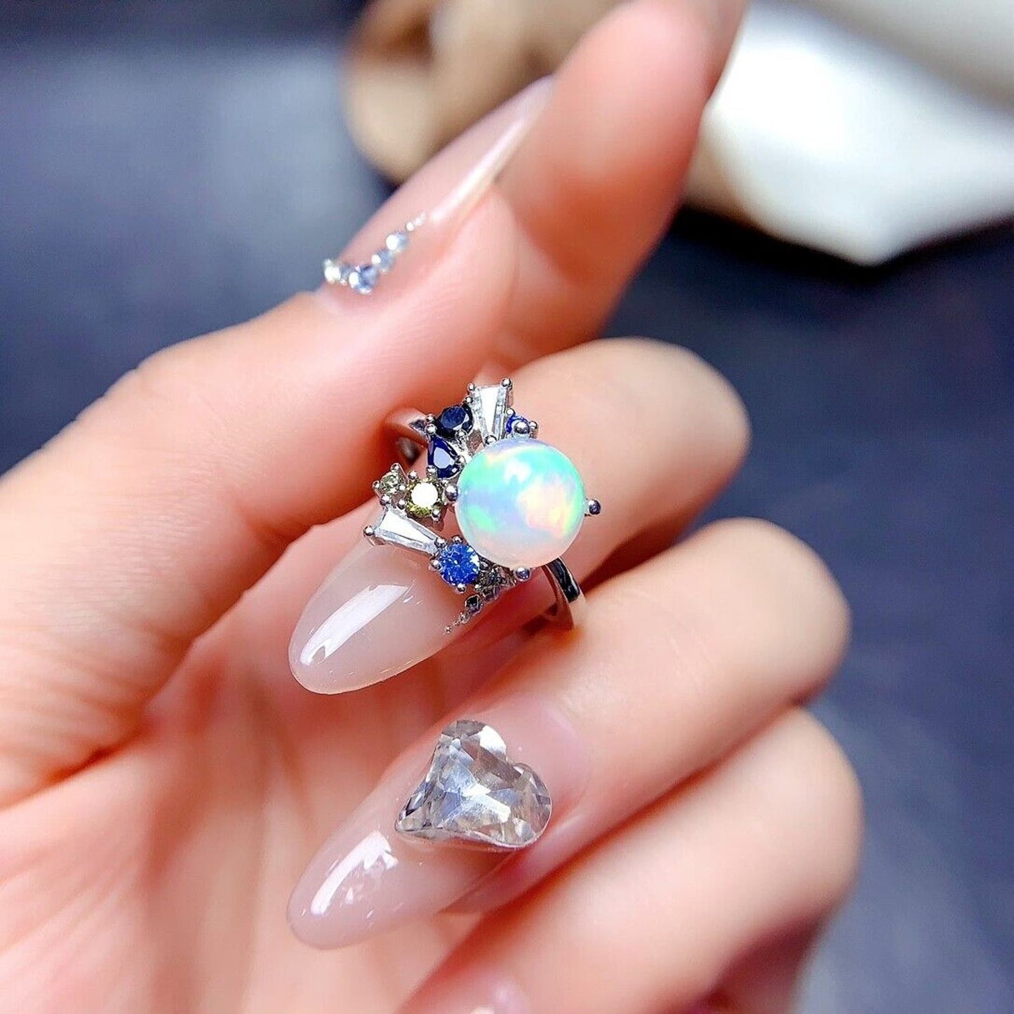 Natural White Opal Cocktail Ring Round 8mm