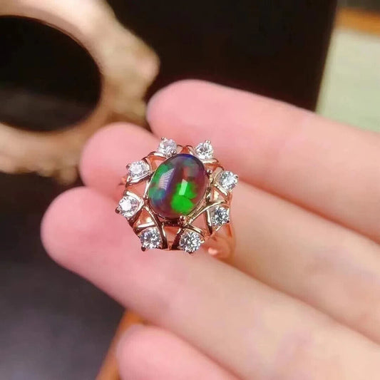 Black Fire Opal Cluster Cocktail Ring 7x9mm