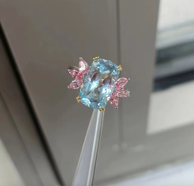 4.46 Ct Cushion Cut Aquamarine and Pink Sapphire Ring 18k Solid White Gold