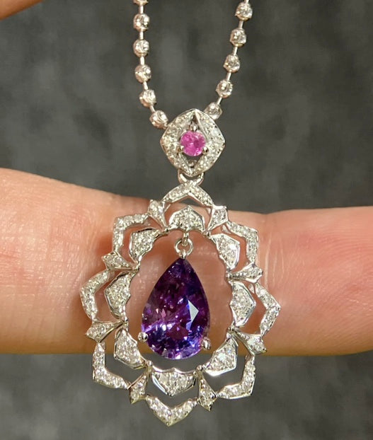 1.65Ct Pear Cut Purple Sapphire & Diamond Pendant Necklace 18k White Gold, Pear Cut, Purple Sapphire, Sapphire, Purple Sapphire Necklace, Purple Sapphire Pendant Necklace, Natural Sapphire, Natural Purple Sapphire, Natural Sapphire Pendant, Natural Sapphire Necklace, 18k White Gold, 18k Gold, Gold Sapphire Pendant, Pink Sapphire, Pink Sapphire Pendant, Genuine Sapphire, Sapphire Necklace, Natural Diamond, Diamond Gemstone Pendant, Gemstone Diamond Pendant, Sapphire Jewelry, Natural Sapphire Jewelry, Purple