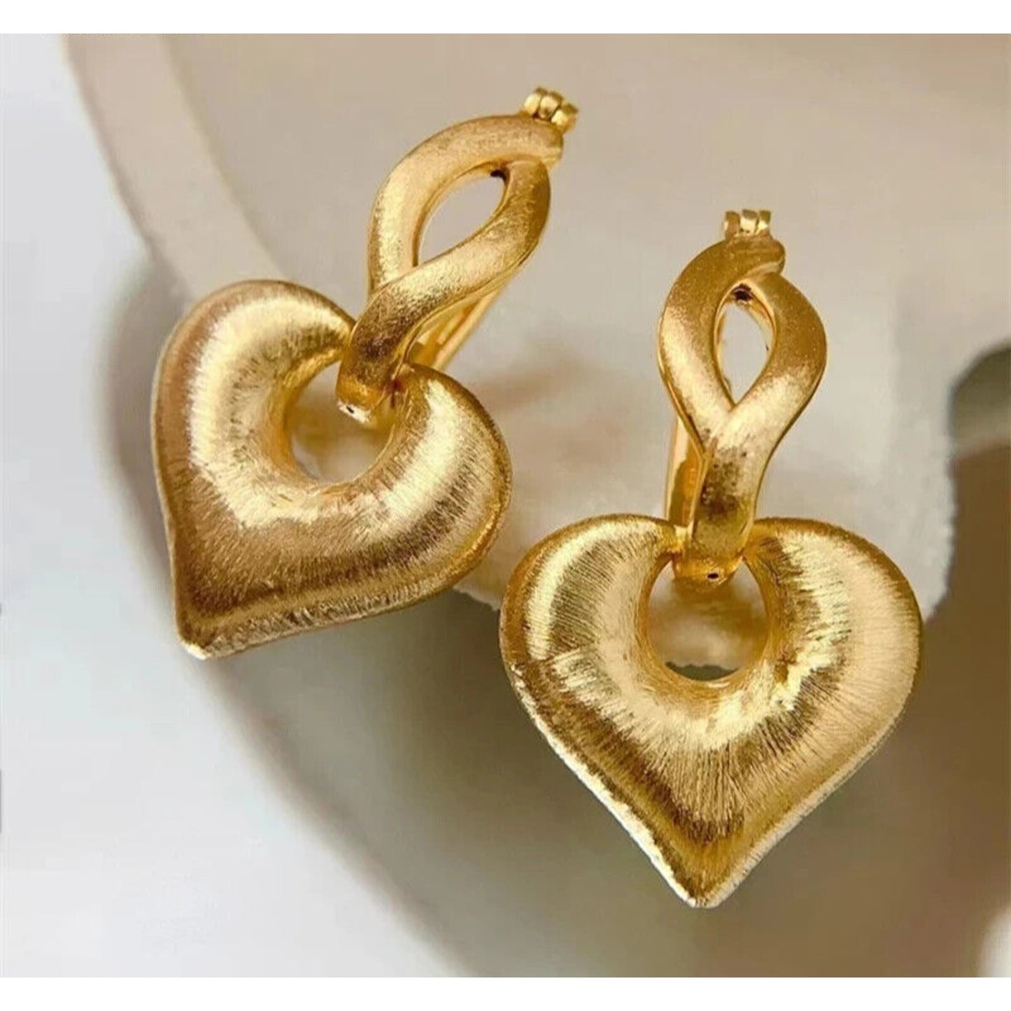 18k Brushed Yellow Gold Heart Dangle Earrings, Solid Yellow Gold Dangle Earrings