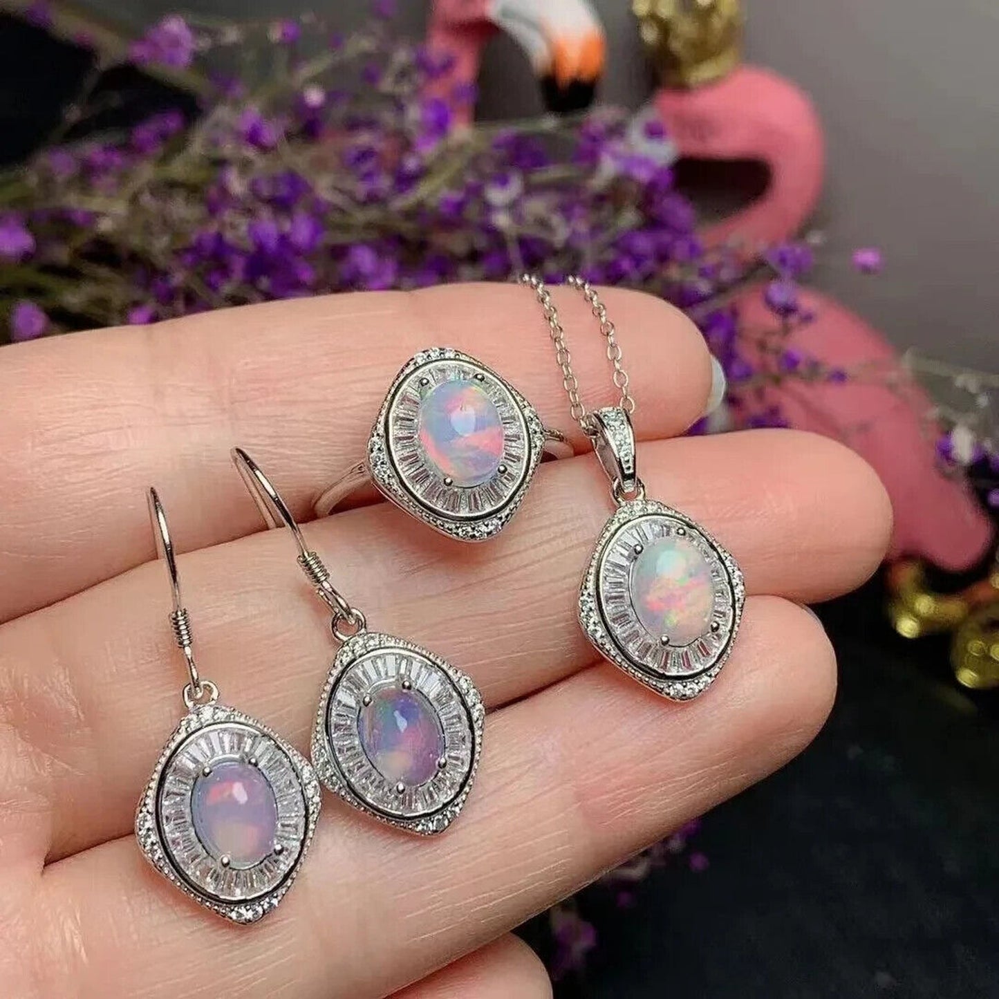 Fire Opal Jewelry Set, Full Set 6x8mm Sterling Silver