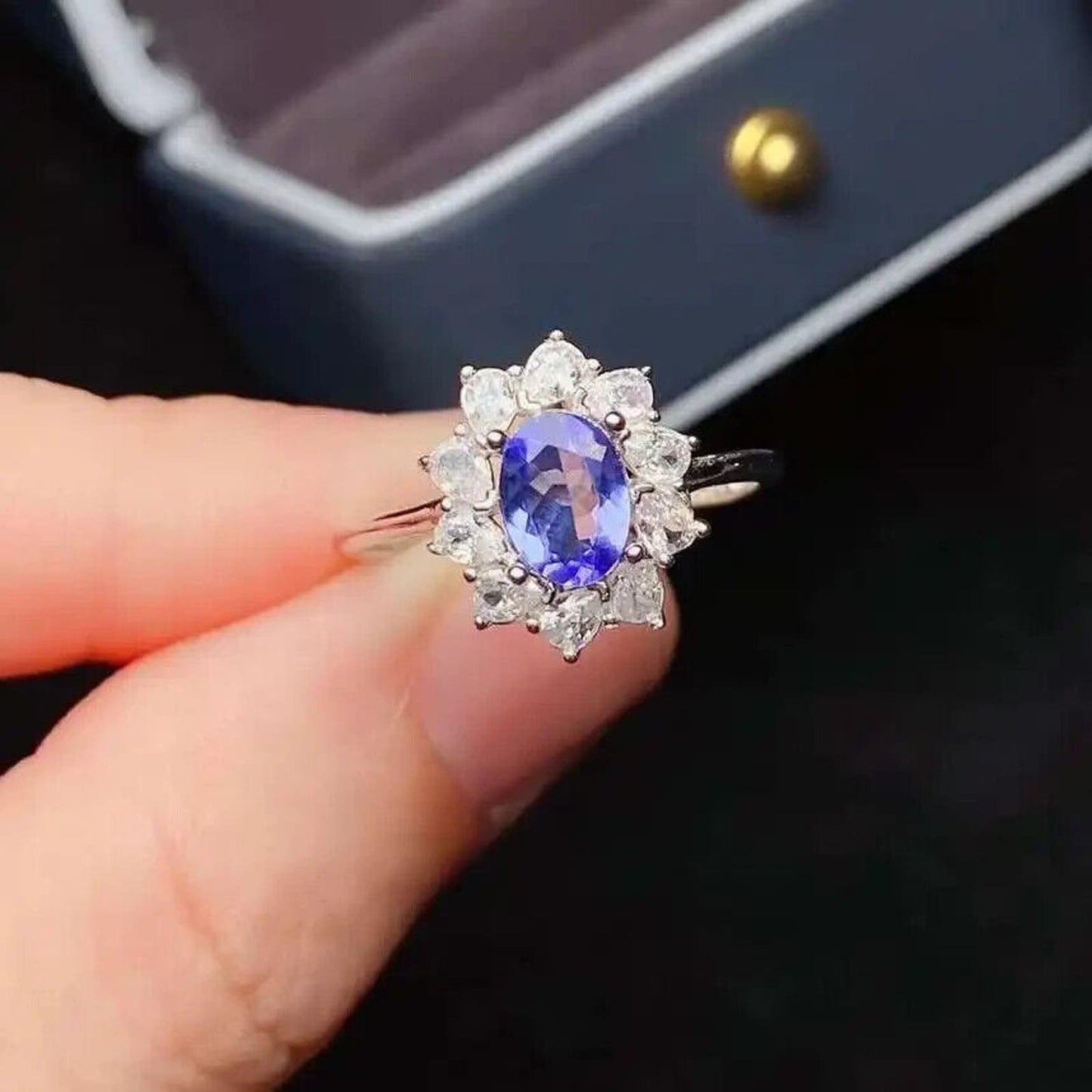 Purple Tanzanite Cluster Ring 5x7mm Platinum Plated