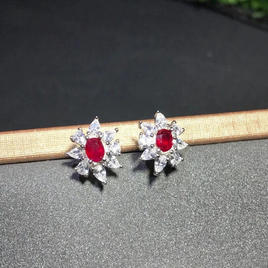 Natural Ruby Stud Earrings, Women's Ruby Cluster Earrings