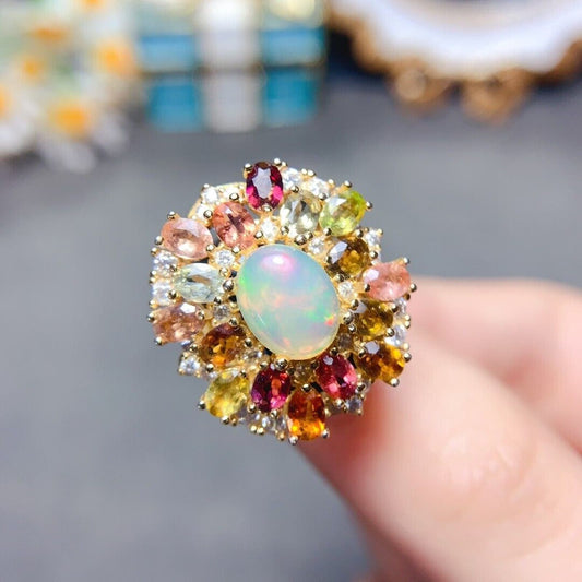 Fire Opal and Multicolor Tourmaline Statement Ring 7x9mm