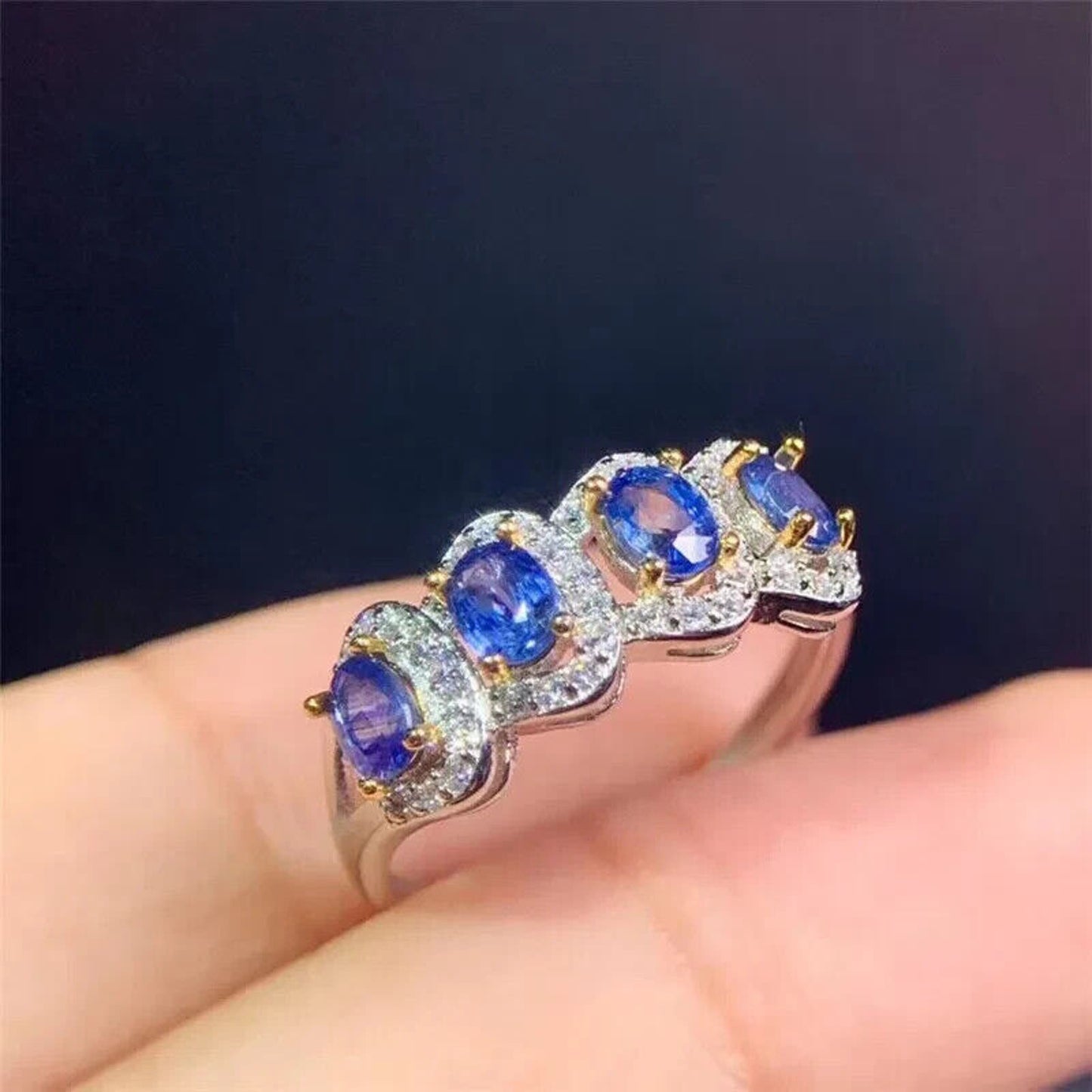 Purple Tanzanite Cluster Band Ring 3x4mm Platinum Plated