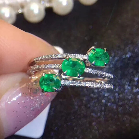 3 Layer Emerald Gemstone Band Ring 3x4mm Sterling Silver