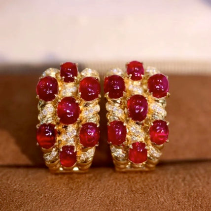 4.60Ct Natural Ruby & Diamond Clip Earrings Solid 18k Yellow Gold