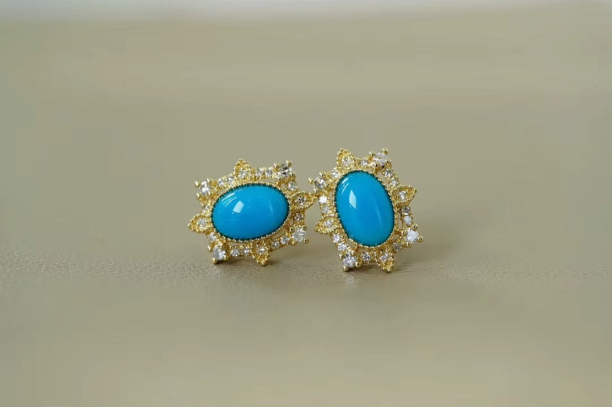 18k Yellow Gold Turquoise Stud Earrings, Natural Turquoise Diamond Earrings, High Quality Turquoise Earrings, Turquoise & Diamond Earrings 18k Gold, 18k Yellow Gold Turquoise Jewelry, Turquoise Earrings 18k Gold, Turquoise Stud Earrings Yellow Gold, 18k Gold Turquoise Earrings, Yellow Gold Turquoise Earrings, White Gold Turquoise Earrings, Natural Turquoise, Real Turquoise Jewelry for Women, Genuine Turquoise