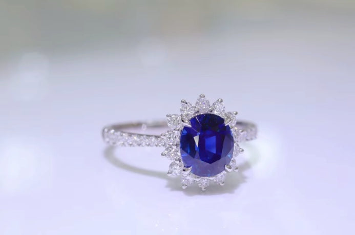 1.04Ct Royal Blue Sapphire & Diamond Engagement Ring 18k White Gold