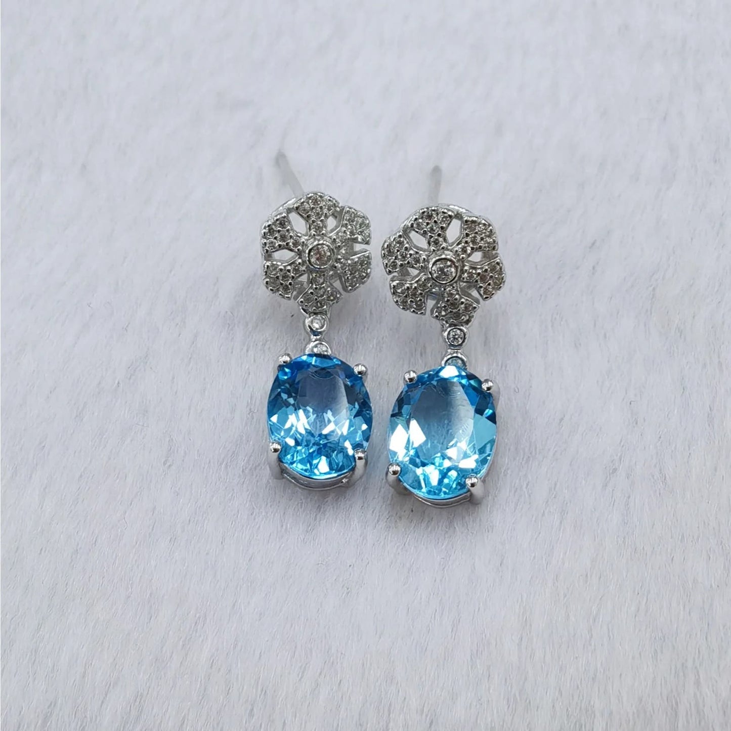 Swiss Blue Topaz Gemstone Dangle Earrings 6x8mm