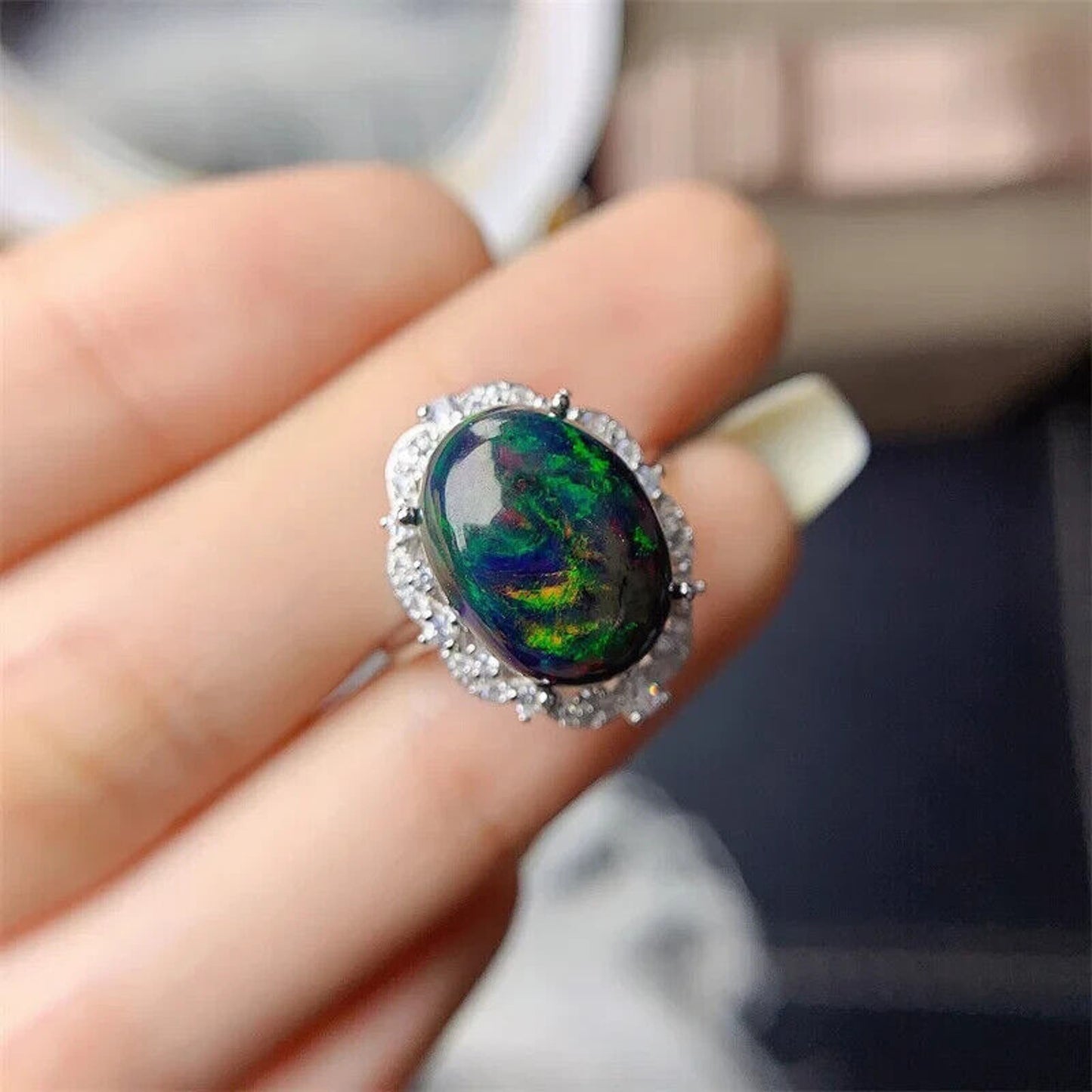 Black Fire Opal Statement Ring 10x14mm 4.8CT