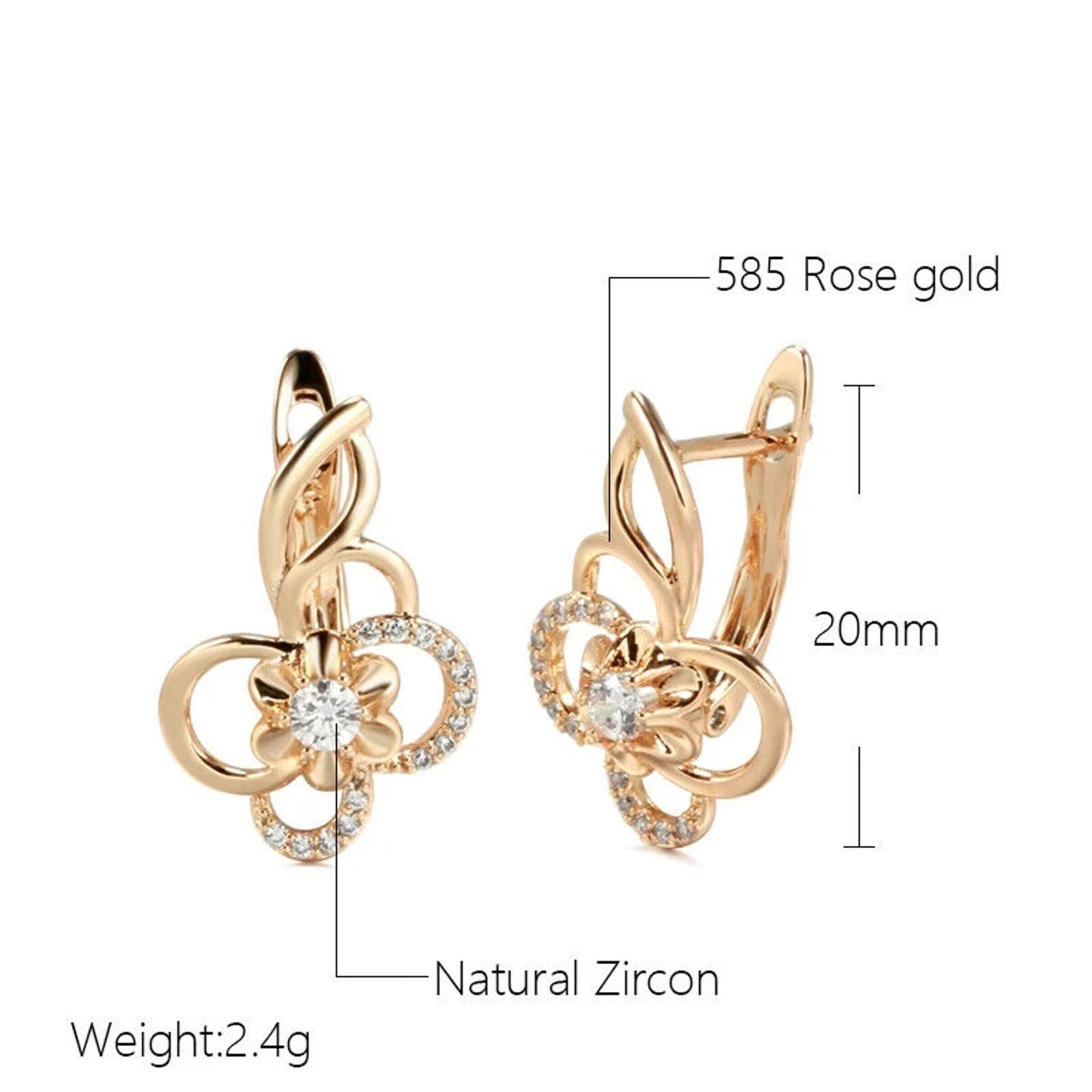 14k Rose Gold Plated Zircon Flower Clip Earrings, Shiny Zircon Earrings