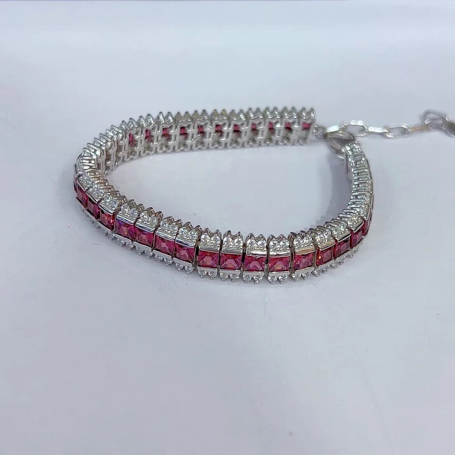 Pink Garnet Square Cut Tennis Bracelet 3.5mm Platinum Plated