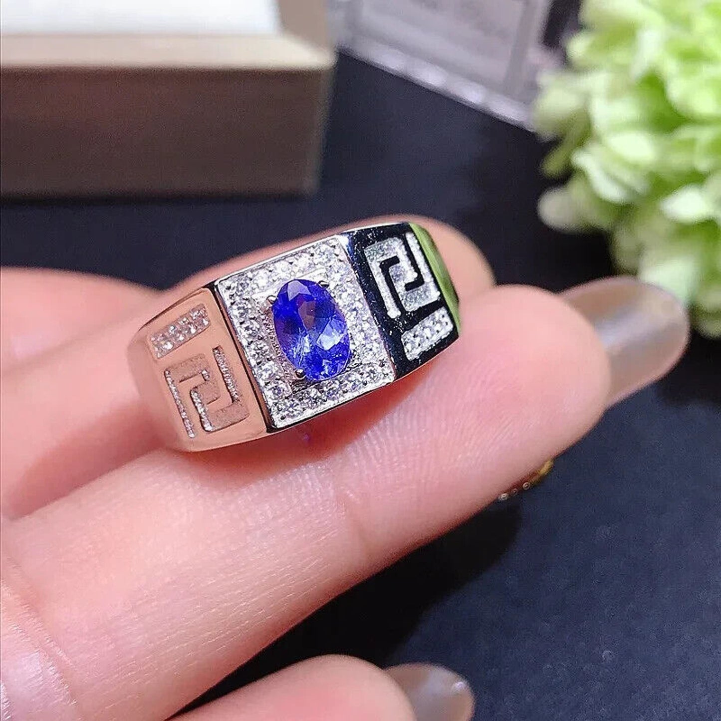 Mens Tanzanite Cocktail Ring VVS1 4x6mm Platinum Plated