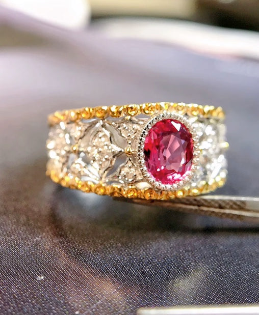 0.61Ct Pink Sapphire & Diamond Band Ring 18K Yellow Gold, Pink Sapphire Ring, Padparadscha Sapphire, Padparadscha Sapphire Wedding Ring, Padparadscha Sapphire Engagement Ring, Padparadscha Sapphire & Diamond Ring, Padparadscha Sapphire and Diamond Wedding Ring, Natural Padparadscha Sapphire Ring, Padparadscha Sapphire Jewelry, 18k Gold Padparadscha Sapphire Ring, Women's Pink Padparadscha Sapphire Ring, White Gold Padparadscha Sapphire Ring