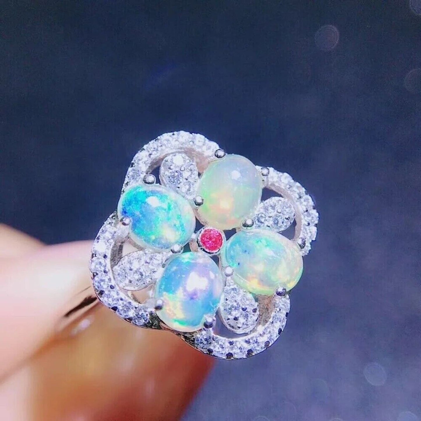 Fire Opal Flower Cluster Ring 4x6mm Sterling Silver