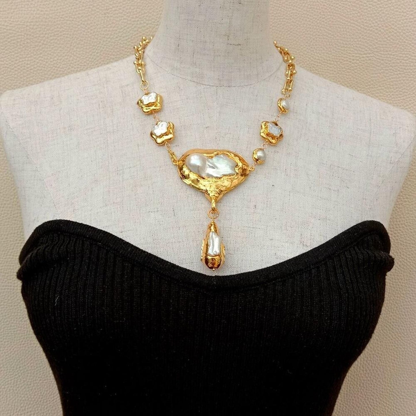 18k Gold Plated Keshi Pearl Pendant Necklace, Keshi Pearl Statement Necklace 18k