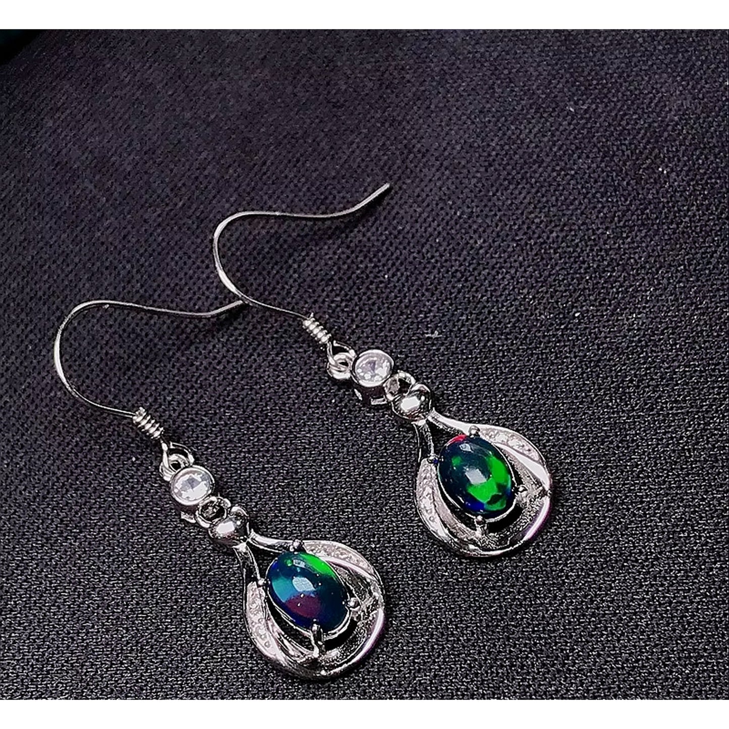 Black Fire Opal Dangle Earrings, Natural Fire Opal Earrings 925 Sterling Silver