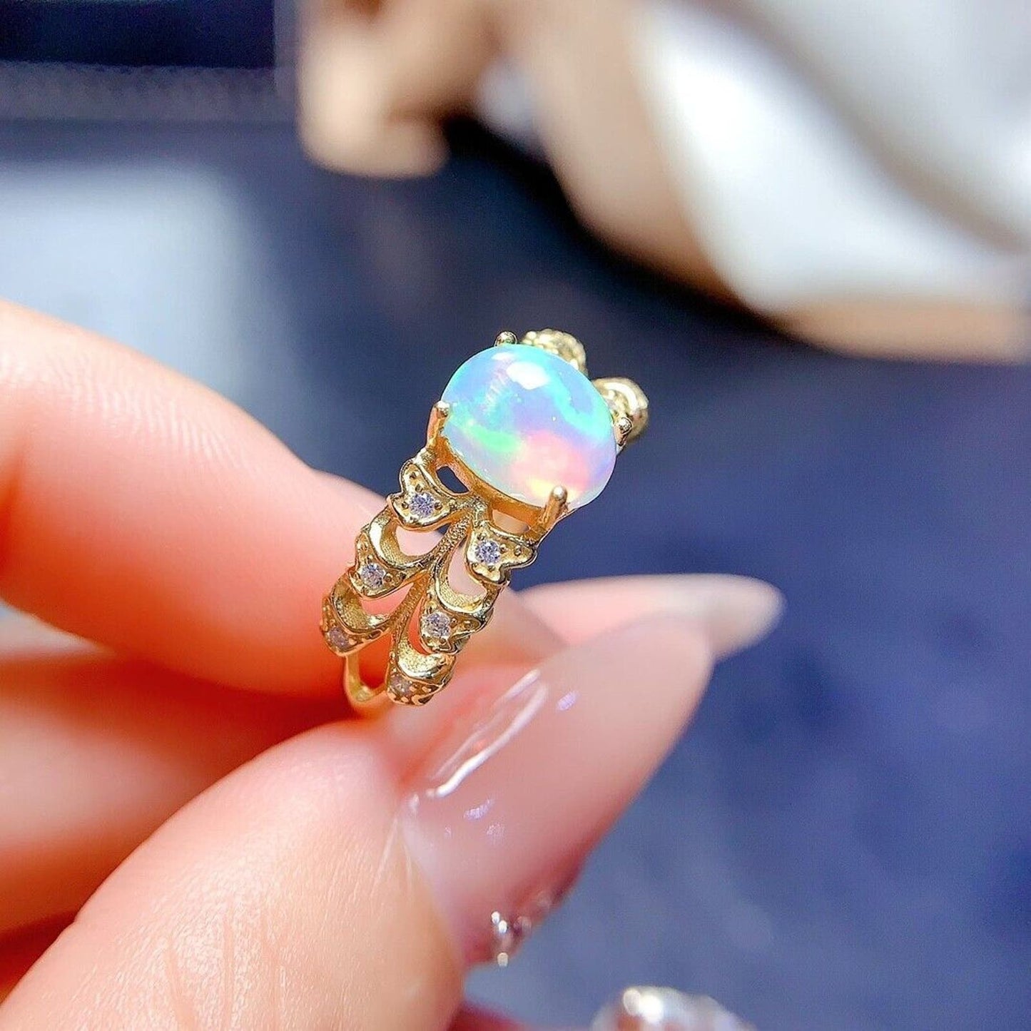 Natural White Opal Cocktail Ring 6x8mm Sterling Silver