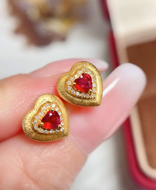 0.5CT Natural Ruby & Diamond Heart Earrings Solid 18k Yellow Gold