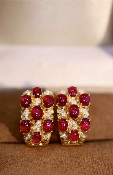 4.60Ct Natural Ruby & Diamond Clip Earrings Solid 18k Yellow Gold