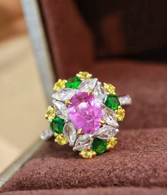 1.53Ct Pink Sapphire & Diopside Diamond Cluster Ring 18K Gold, Pink Sapphire Ring, Padparadscha Sapphire, Padparadscha Sapphire Wedding Ring, Padparadscha Sapphire Engagement Ring, Padparadscha Sapphire & Diamond Ring, Padparadscha Sapphire and Diamond Wedding Ring, Natural Padparadscha Sapphire Ring, Padparadscha Sapphire Jewelry, 18k Gold Padparadscha Sapphire Ring, Women's Pink Padparadscha Sapphire Ring, White Gold Padparadscha Sapphire Ring