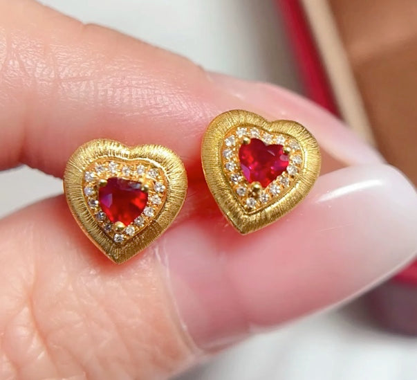 0.5CT Natural Ruby & Diamond Heart Earrings Solid 18k Yellow Gold