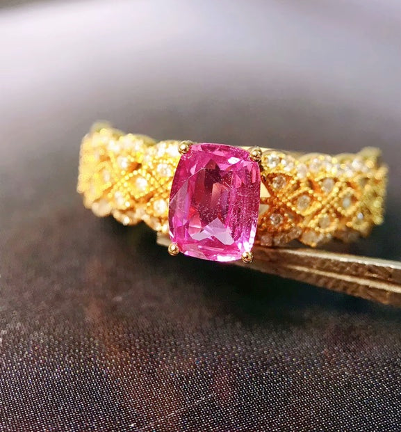 0.90Ct Natural Pink Sapphire & Diamond Band Ring 18K Yellow Gold, Pink Sapphire Ring, Padparadscha Sapphire, Padparadscha Sapphire Wedding Ring, Padparadscha Sapphire Engagement Ring, Padparadscha Sapphire & Diamond Ring, Padparadscha Sapphire and Diamond Wedding Ring, Natural Padparadscha Sapphire Ring, Padparadscha Sapphire Jewelry, 18k Gold Padparadscha Sapphire Ring, Women's Pink Padparadscha Sapphire Ring, White Gold Padparadscha Sapphire Ring