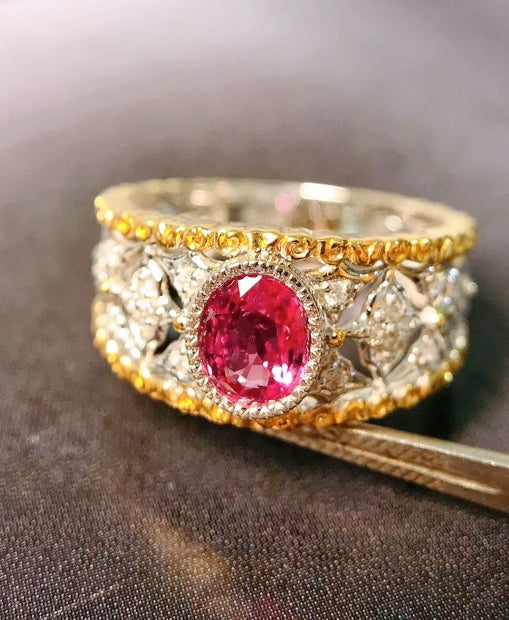 0.61Ct Pink Sapphire & Diamond Band Ring 18K Yellow Gold, Pink Sapphire Ring, Padparadscha Sapphire, Padparadscha Sapphire Wedding Ring, Padparadscha Sapphire Engagement Ring, Padparadscha Sapphire & Diamond Ring, Padparadscha Sapphire and Diamond Wedding Ring, Natural Padparadscha Sapphire Ring, Padparadscha Sapphire Jewelry, 18k Gold Padparadscha Sapphire Ring, Women's Pink Padparadscha Sapphire Ring, White Gold Padparadscha Sapphire Ring